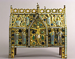 Chasse with the Life of Christ, Copper (plaques): engraved, stamped, and gilt; (appliqués): repossé, engraved, chased, scraped, and gilt; champlevé enamel: dark and medium blue, turquoise, light green, red, and white; glass cabochons; wood core., French