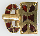 Gold Buckle with Garnets, Gold, garnets with patterned foil backing, cloisonné garnets, Germanic