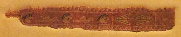 Band Fragment with Masks, Lotus Flowers, and Birds, Tapestry weave in polychrome wool and undyed linen, Coptic
