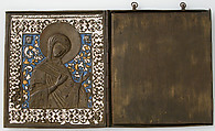 Triptych with Christ, Virgin, St. John The Baptist, Brass, surrey enamel, Russian