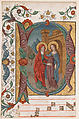 Manuscript Illumination with the Visitation in an Initial D, from a Choir Book, Spanish Forger French, Tempera, ink, and gold on parchment, French