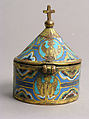 Pyx, Copper: engraved and gilt; champlevé enamel: blue-black; dark, medium and light blue; turquoise, green, yellow, red, and white, French
