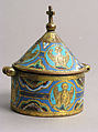 Pyx, Copper: engraved and gilt; champlevé enamel: blue-black; dark, medium and light blue; turquoise, green, yellow, red, and white, French