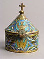 Pyx, Copper: engraved and gilt; champlevé enamel: blue-black; dark, medium and light blue; turquoise, green, yellow, red, and white, French