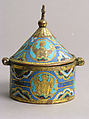 Pyx, Copper: engraved and gilt; champlevé enamel: blue-black; dark, medium and light blue; turquoise, green, yellow, red, and white, French