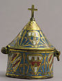 Pyx, Copper: engraved and gilt, champlevé enamel: medium blue, red, and white, French