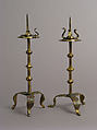 One of a Pair of Traveling Candlesticks, Copper: formed, engraved, and gilt; champlevé enamel: medium blue, red, and white, French