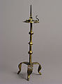 One of a Pair of Traveling Candlesticks, Copper: formed, engraved, and gilt; champlevé enamel: medium blue, red, and white, French