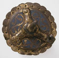 One of a Pair of Traveling Candlesticks, Copper: formed, engraved, and gilt; champlevé enamel: medium blue, red, and white, French