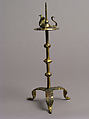 One of a Pair of Traveling Candlesticks, Copper: formed, engraved, and gilt; champlevé enamel: medium blue, red, and white, French