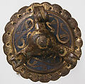 One of a Pair of Traveling Candlesticks, Copper: formed, engraved, and gilt; champlevé enamel: medium blue, red, and white, French
