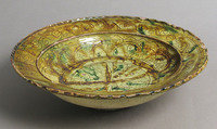 Tricolor Bowl, Terracotta with yellow-brown and green glaze over slip, decorated in sgraffito, Byzantine