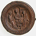 Panagiarion with the Virgin and Child and the Three Angels at Mamre (interior) and the Crucifixion and Three Church Fathers (exterior), Wood, stained, silver-gilt, pearls and garnet, Russian