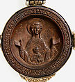 Panagiarion with the Virgin and Child and the Three Angels at Mamre (interior) and the Crucifixion and Three Church Fathers (exterior), Wood, stained, silver-gilt, pearls and garnet, Russian