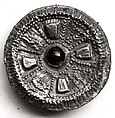 Disk Brooch, Copper alloy with gold, glass paste cabochon, remnant of iron pin, Frankish