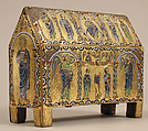 Chasse with The Crucifixion and Christ in Majesty, Champlevé enamel: dark, medium, and light blue; turquoise, green, yellow, opaque and translucent red, and white; wood core, painted red on exterior; copper: engraved, stippled and gilt., French
