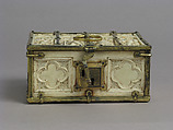 Box with Standing Saints, Elephant ivory, gilded copper mounts, French (lid)/European (lower elements, hardware)
