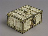 Box with Standing Saints, Elephant ivory, gilded copper mounts, French (lid)/European (lower elements, hardware)