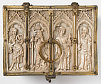 Box with Standing Saints, Elephant ivory, gilded copper mounts, French (lid)/European (lower elements, hardware)