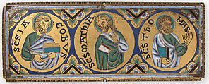 Plaque with Saints James, Matthew, and Thomas, Champlevé enamel, copper alloy, gilt, South Netherlandish