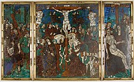 Triptych with The Way to Calvary, Crucifixion, and Descent from the Cross, Jean Pénicaud I  French, Painted enamel, copper (frame: gilt copper), French