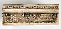 Game Box, Bone, traces of gilding and paint over wooden core with red silk  interior, metal mounts, French