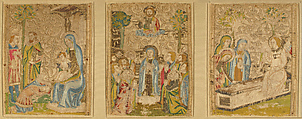 Three Panels, Linen, colored silks, metal thread (white silk wrapped with strips of silver leaf, yellow silk wrapped with strips of gold), linen floss padding, couching;  split and satin stitiches, background with relief pattern of scrolling branches in bunched linen thread originally with couched metal thread., Italian