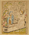 Three Panels, Linen, colored silks, metal thread (white silk wrapped with strips of silver leaf, yellow silk wrapped with strips of gold), linen floss padding, couching;  split and satin stitiches, background with relief pattern of scrolling branches in bunched linen thread originally with couched metal thread., Italian