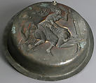 Plate with Wife Beating Husband, Copper alloy, wrought, Netherlandish