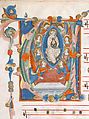 Manuscript Leaf with the Assumption of the Virgin in an Initial V, from an  Antiphonary, Niccolò di ser Sozzo (Italian, Siena, active ca. 1334, died 1363), Tempera, ink, and gold on parchment, Italian