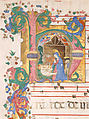 Manuscript Leaf with the Nativity in an Initial H, from an  Antiphonary, Master of the Riccardiana Lactantius, Tempera, ink, and gold on parchment, Italian