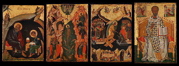 Four Icons from a Pair of Doors (Panels), possibly part of a Polyptych: John the Theologian and Prochoros, the Baptism (Epiphany), Harrowing of Hell (Anastasis), and Saint Nicholas by Anonymous