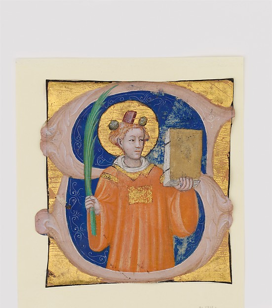 Manuscript Illumination with Saint Stephen in an Initial S, from an Antiphonary by Master of the Brussels Initials, The Metropolitan Museum of Art
