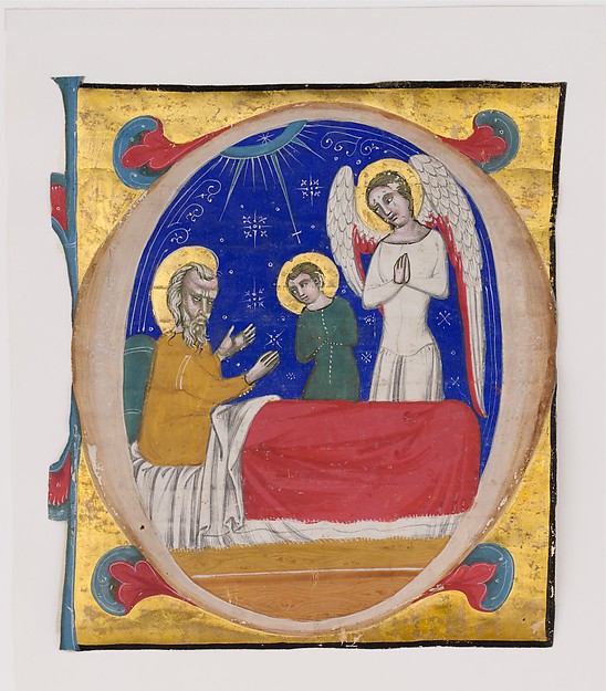 Manuscript Illumination with Tobit, Tobias, and the Archangel Raphael in an Initial O, from an Antiphonary by an unrecorded maker, The Metropolitan Museum of Art