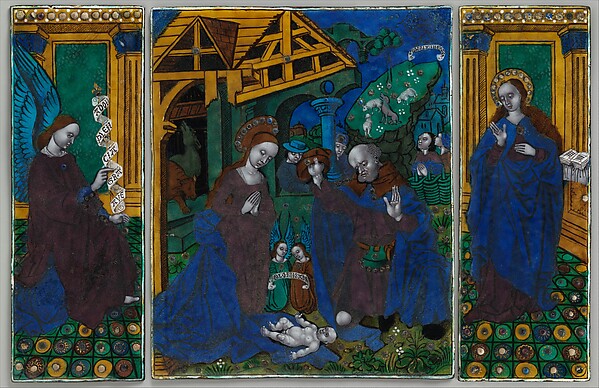 Three plaques from a triptych with the Adoration of the Shepherds, Flanked by the Angel Gabriel and the Virgin Annunciate by Master of the Triptych of Louis XII