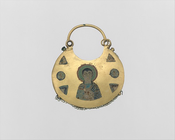 One of a Pair of Temple Pendants, with Busts of Male Saints Holding Martyr's Cross (front) and Leaf and Rosette Motifs (back) by an unrecorded maker, The Metropolitan Museum of Art