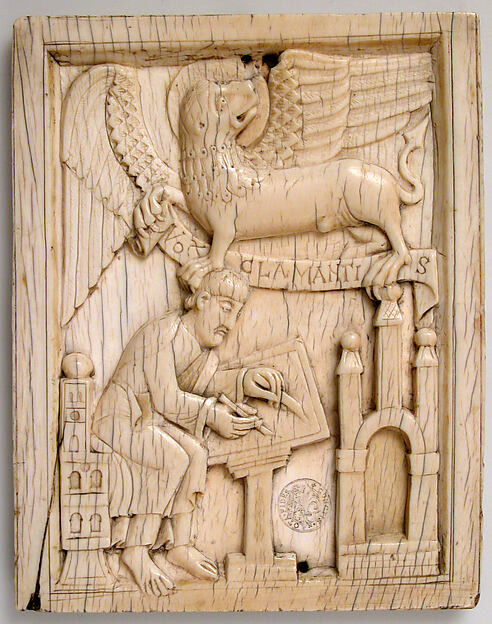 Evangelist Saint Mark writing the Gospel with his symbol, the Lion, holding a scroll by Anonymous