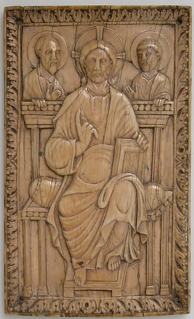 Plaque with Christ enthroned with two Apostles by Anonymous