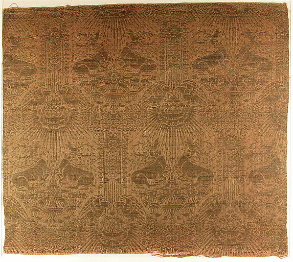 Textile Fragment with Recumbent Harts, Eagles, Clouds, and Sunrays