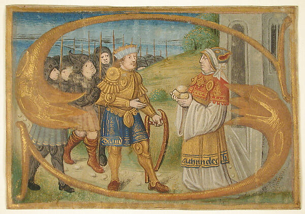 Manuscript Leaf Cutting Probably from a Missal with an Illuminated Initial S and King David Receiving the Holy Bread from Ahimelech the Priest. by an unrecorded maker, The Metropolitan Museum of Art