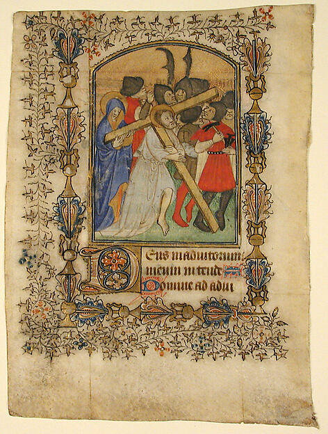 Manuscript Leaf from a Book of Hours Showing an Illuminated Initial D and Christ Bearing the Cross by an unrecorded maker, The Metropolitan Museum of Art