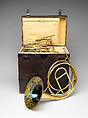 Cor d’orchestre, Courtois Neveu Aine, horn: brass, white metal, polychrome; case: wood, paper, iron, chamois leather, paint, French