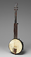 Fretted banjo with two short strings, Henry Stichter, Various woods, metal hardware, leather, calfskin head, calfgut strings, American