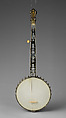 Baystate Presentation Banjo, John C. Haynes & Co.  American, Calfskin head, various woods (including ebony), metal hardware and cladding over rim, mother of pearl and abalone inlays, nylon strings, metal tuning pegs with ivoroid buttons, ivory fingerboard binding and ivory nut, American