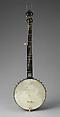 5-string Banjo, Fairbanks & Cole, Calfskin head, various woods (including ebony), metal hardware, mother of pearl and abalone inlays, gut strings, ivory tuners, ivory nut, ivory tailpiece and ivory flush frets, American