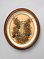 Victorian hair wreath in the shape of a lyre, Hair, wire, paper