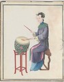 Watercolor of musician playing drum, Watercolor on paper, Chinese