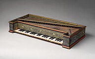 Double Virginal, Hans Ruckers the Elder (Flemish, Mechelen ca. 1545–1598 Antwerp), Pine, beech, poplar, mahogany, paint, gesso, metal, parchment, brass, Flemish