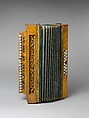 Accordion, wood, mother-of-pearl, leather, paper., Possibly Belgian