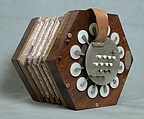 Concertina, Charles Wheatstone British, Rosewood, nickel-silver, leather, paper, ivory, tortoiseshell; case of mahogany, British